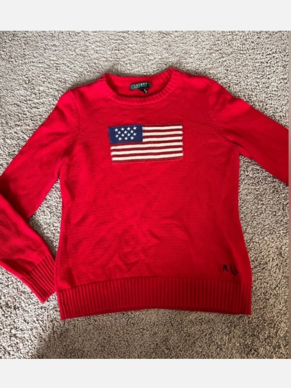 Ralph Lauren Red Crewneck Sweater with Flag Motif